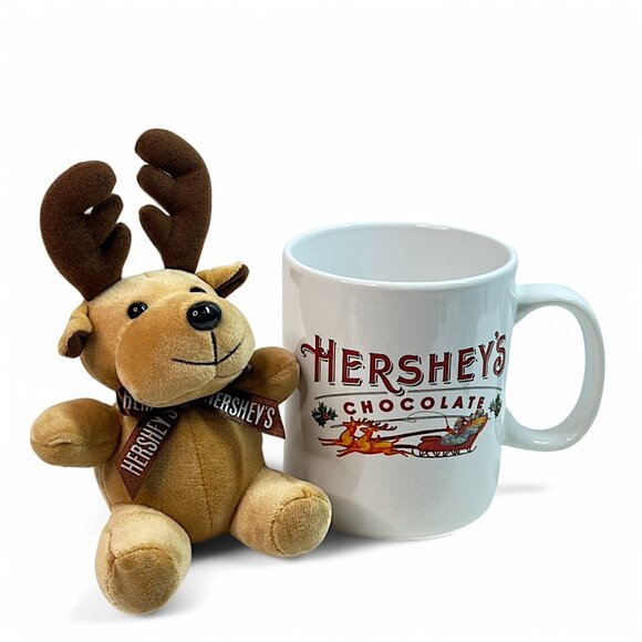 Hershey's Chocolate 32oz Large Mug Christmas Cup With Stuffed Reindeer Plush VTG - Picture 1 of 4